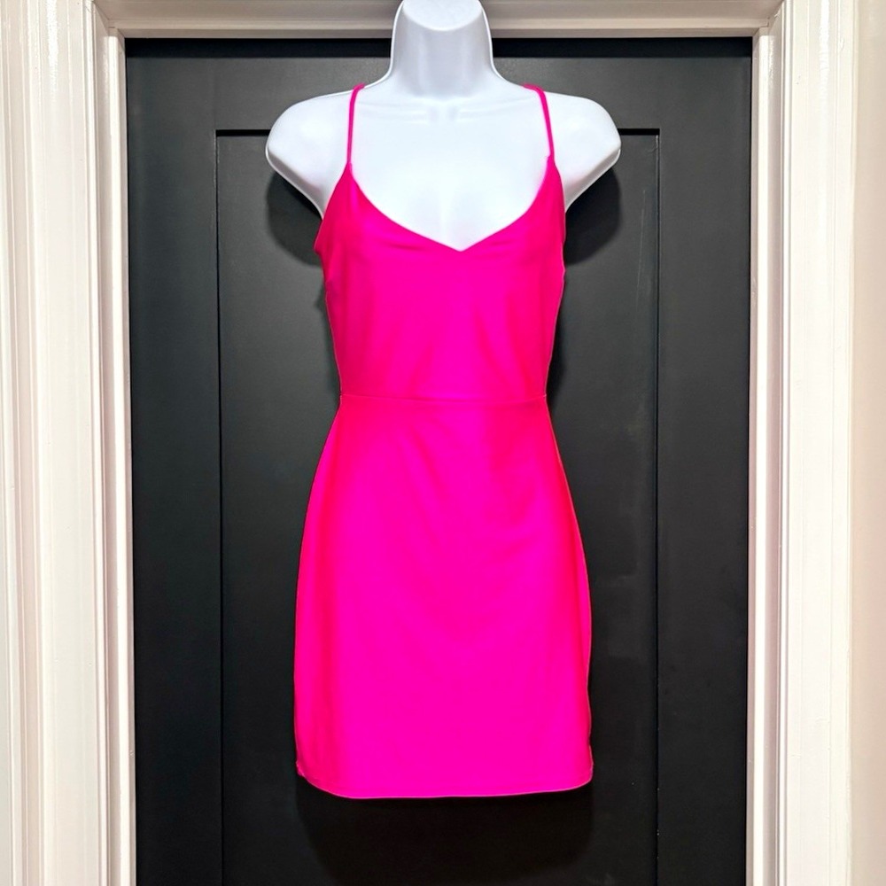 Windsor Pink Bodycon V-Neck Strappy Open Back Mini Dress Stretch Jersey Sz L